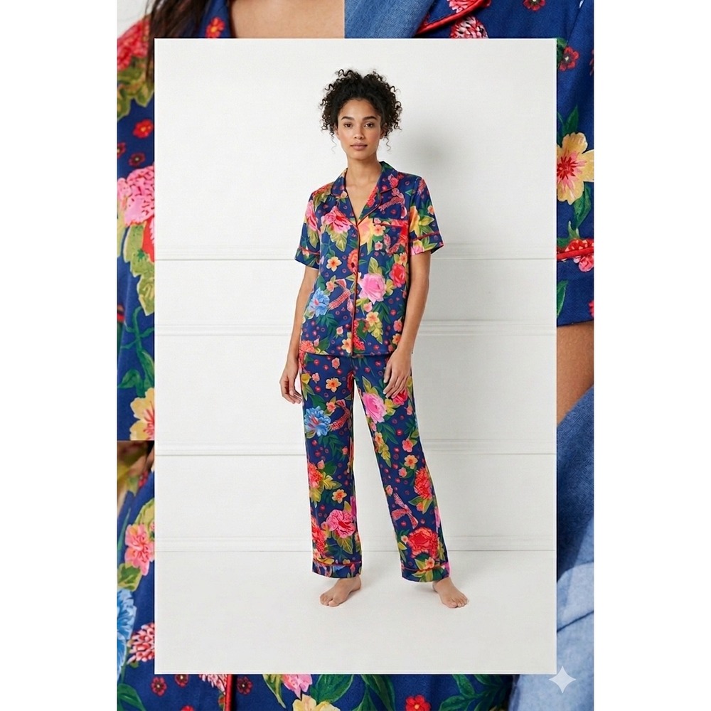 NWT Size XS Room Service Pajama Set Blue Floral 2-Piece Collar Short Sleeve